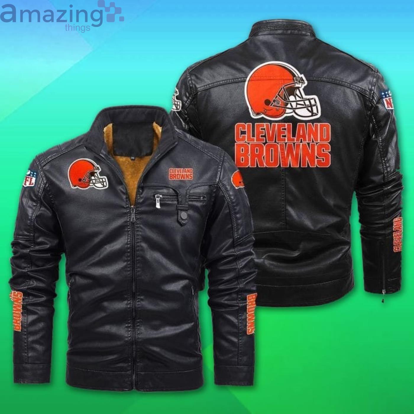 Cleveland Browns Fleece Leather Jacket Product Photo 1 Cleveland Browns Fleece Leather Jacket Product Photo 1