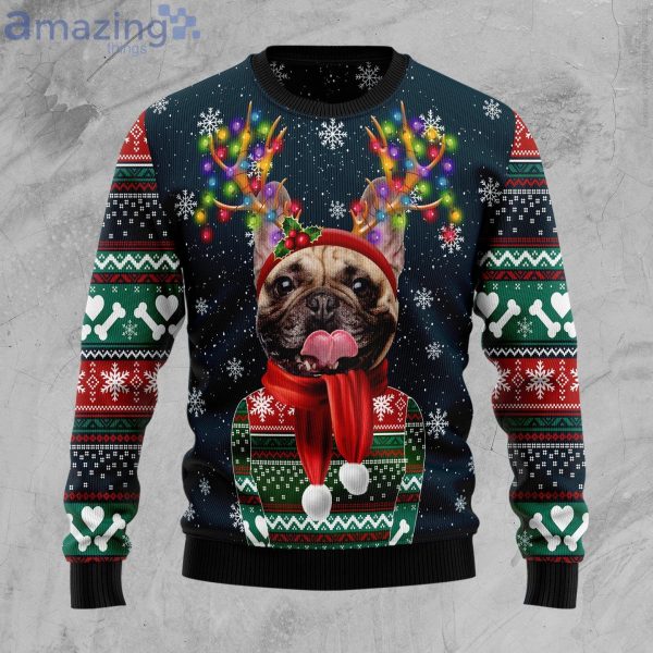 Cool French Bulldog Christmas Light Ugly Christmas Sweater Product Photo 1