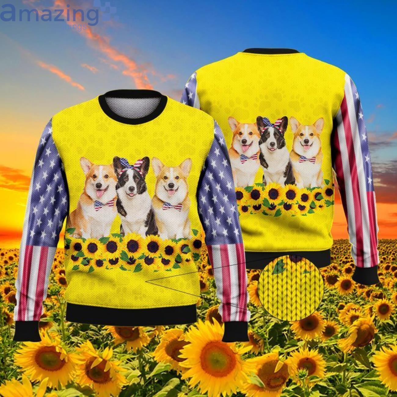 Corgi Sunflower American Flag For Dog Lovers All Over Print 3D Sweater Product Photo 1
