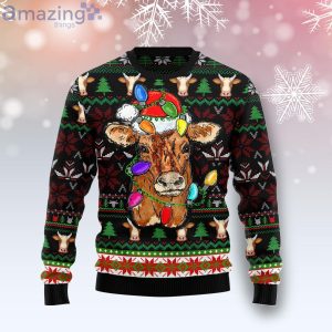 Cow With Santa Hat And Christmas Lights Ugly Christmas Sweater Product Photo 1