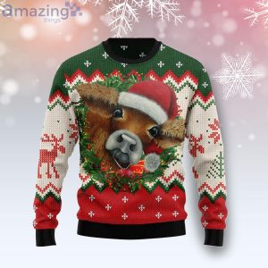 Cow Xmas With Santa Hat Cute Gift Ugly Christmas Sweater Product Photo 1