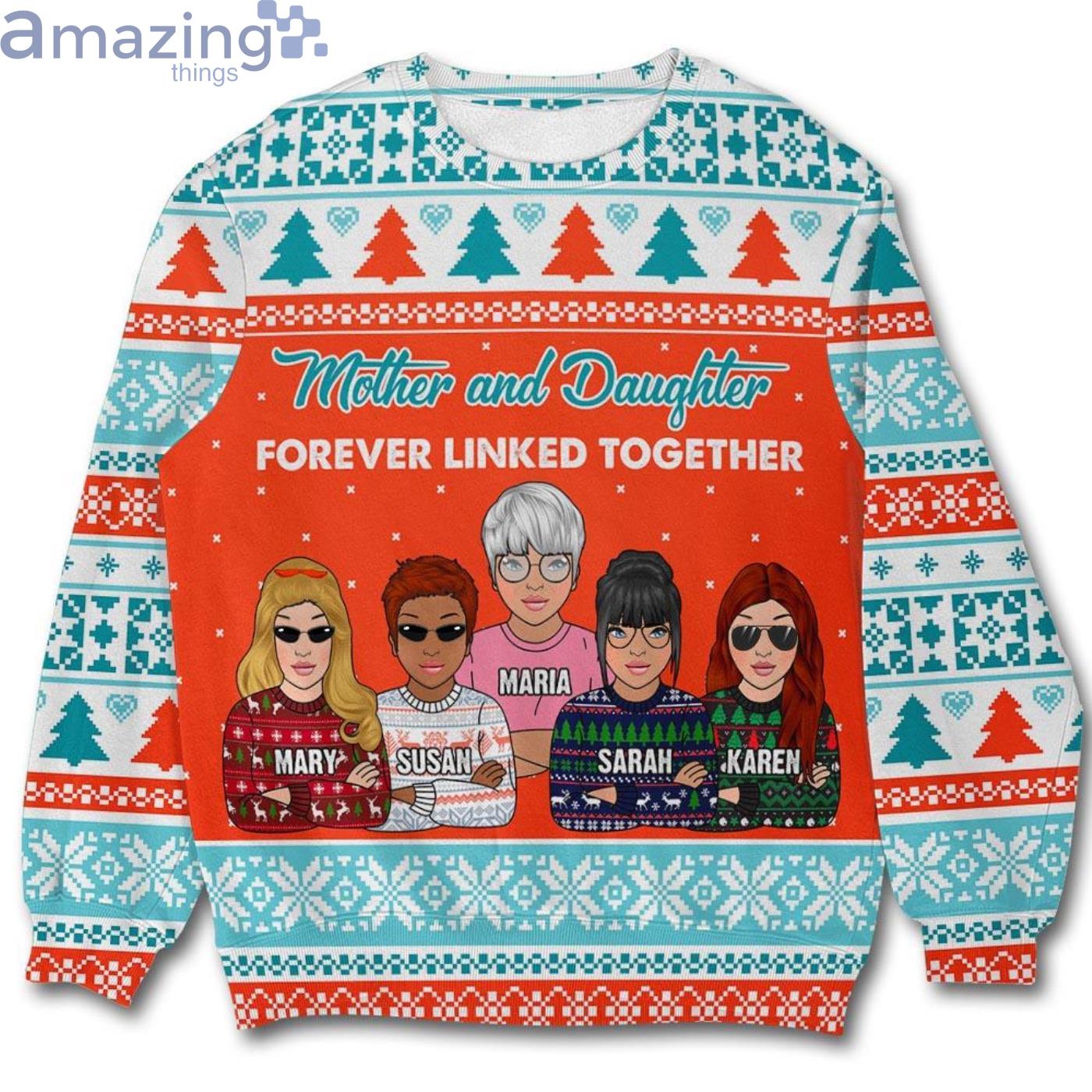 Custom Name Mother And Daughter Forever Linked Together Christmas Ugly Sweater Product Photo 1