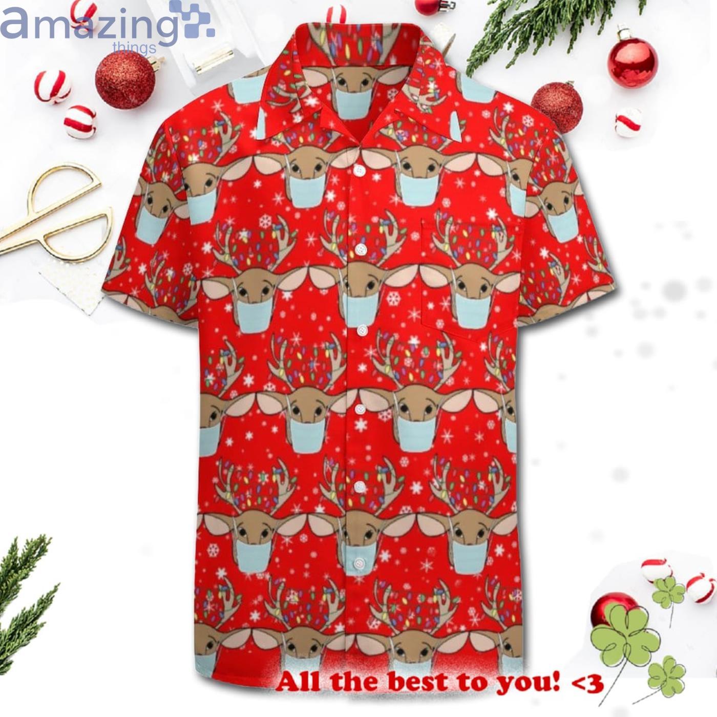 Cute Funny Christmas Reindeer Wearing Face Mask Hawaiian Shirt Product Photo 1