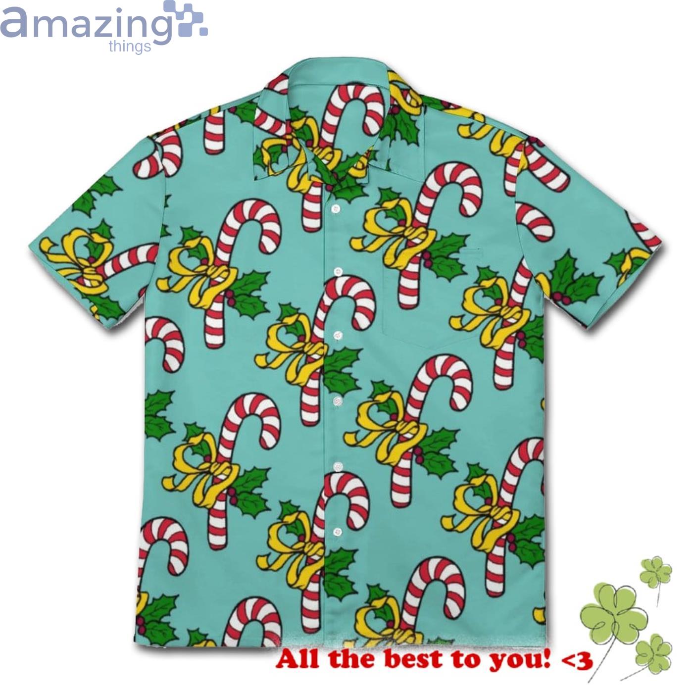 Cute Teal Candy Cane Holly Holiday Christmas Hawaiian Shirt Product Photo 1