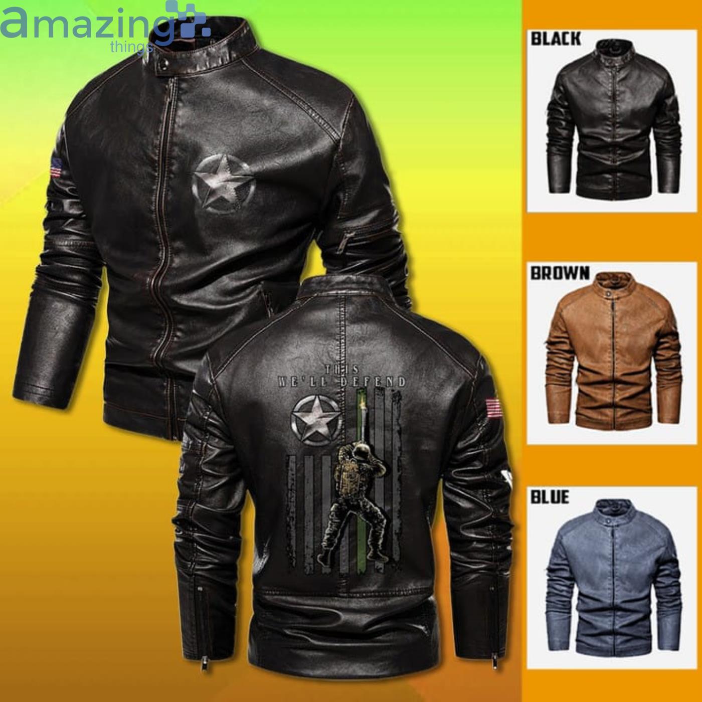 Cutom Name Army Soldier This We'll Defend Stand Collar Fleece Leather Jacket image Cutom Name Army Soldier This We'll Defend Stand Collar Fleece Leather Jacket Product Photo 1