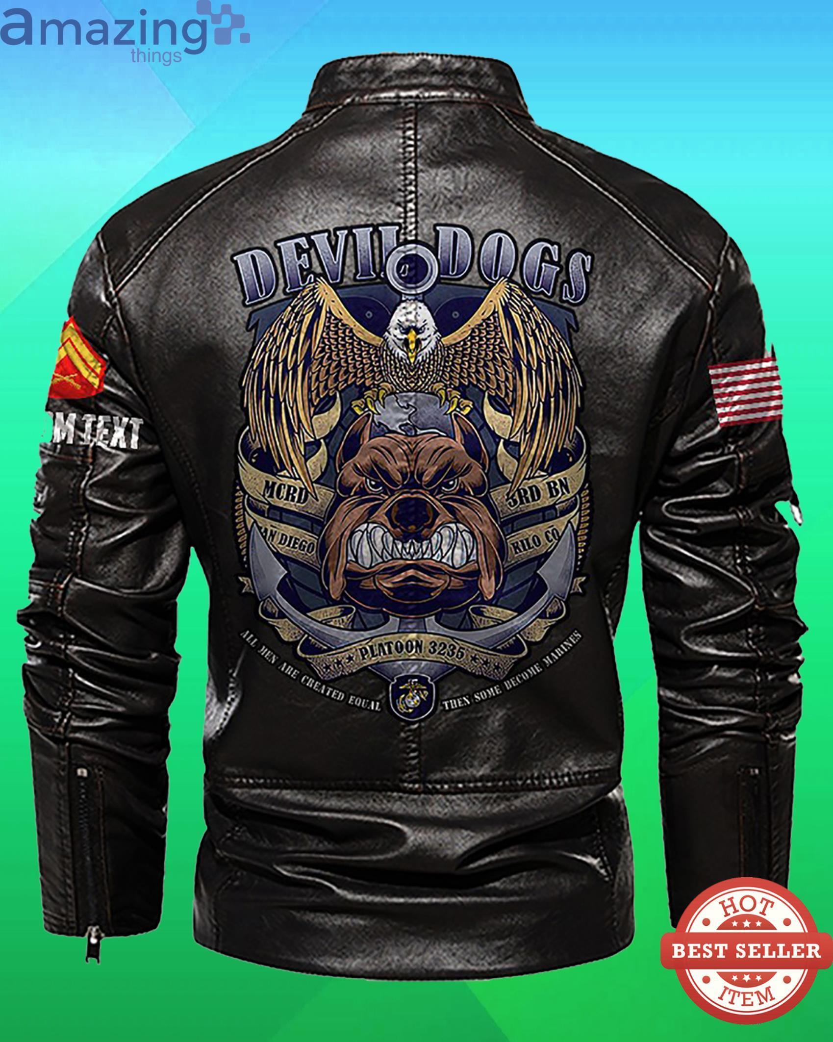 Cutom Name Devil Dogs Stand Collar Fleece Leather Jacket image Cutom Name Devil Dogs Stand Collar Fleece Leather Jacket Product Photo 2