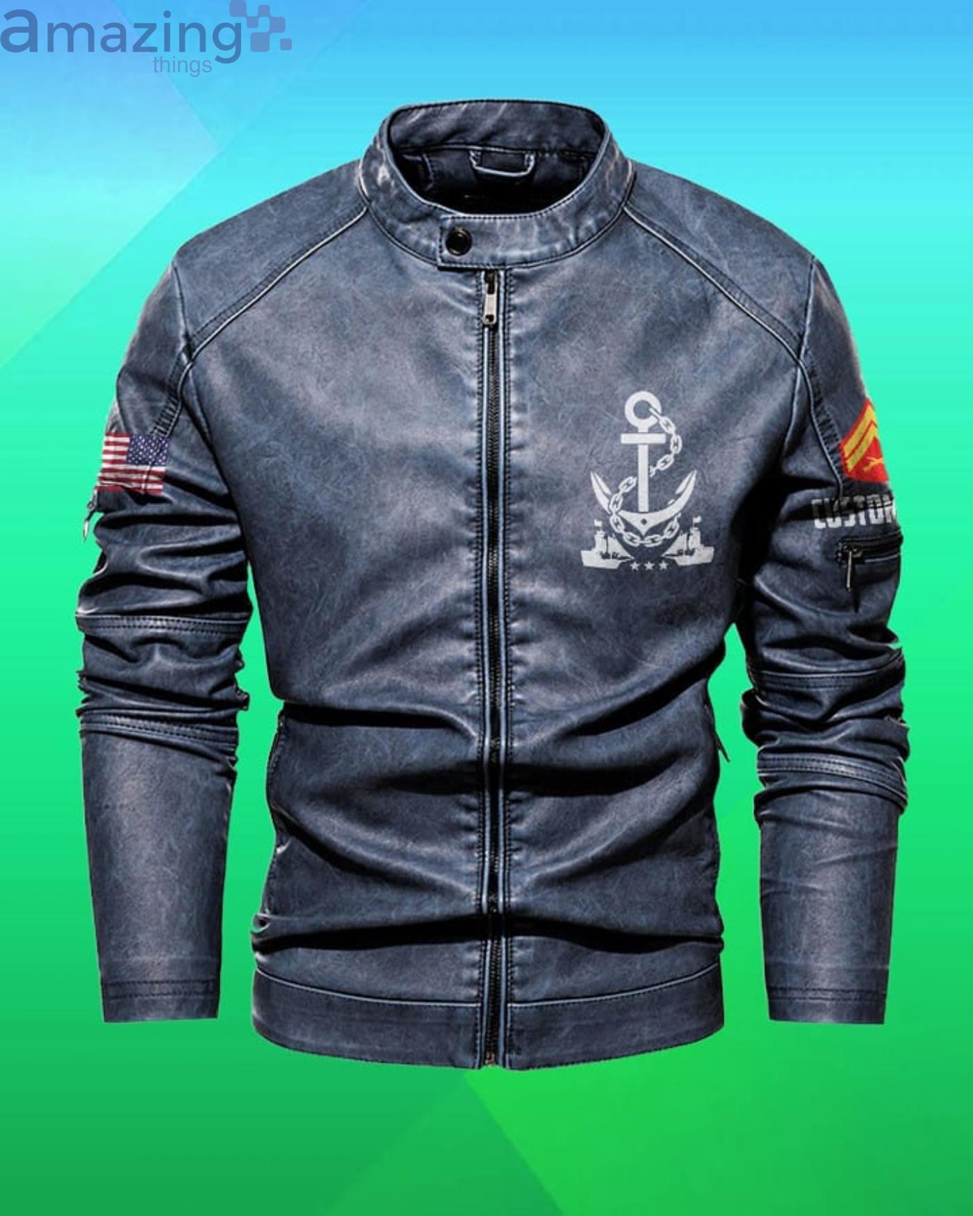 Cutom Name Marines First To Fight Stand Collar Fleece Leather Jacket image Cutom Name Marines First To Fight Stand Collar Fleece Leather Jacket Product Photo 4