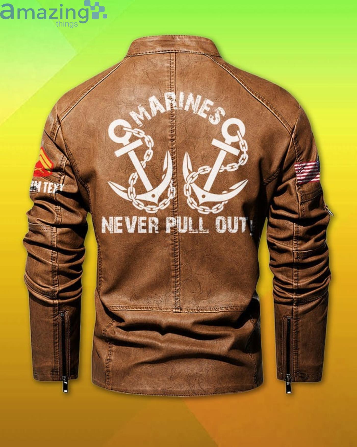 Cutom Name Marines Never Pull Out Stand Collar Fleece Leather Jacket image Cutom Name Marines Never Pull Out Stand Collar Fleece Leather Jacket Product Photo 5