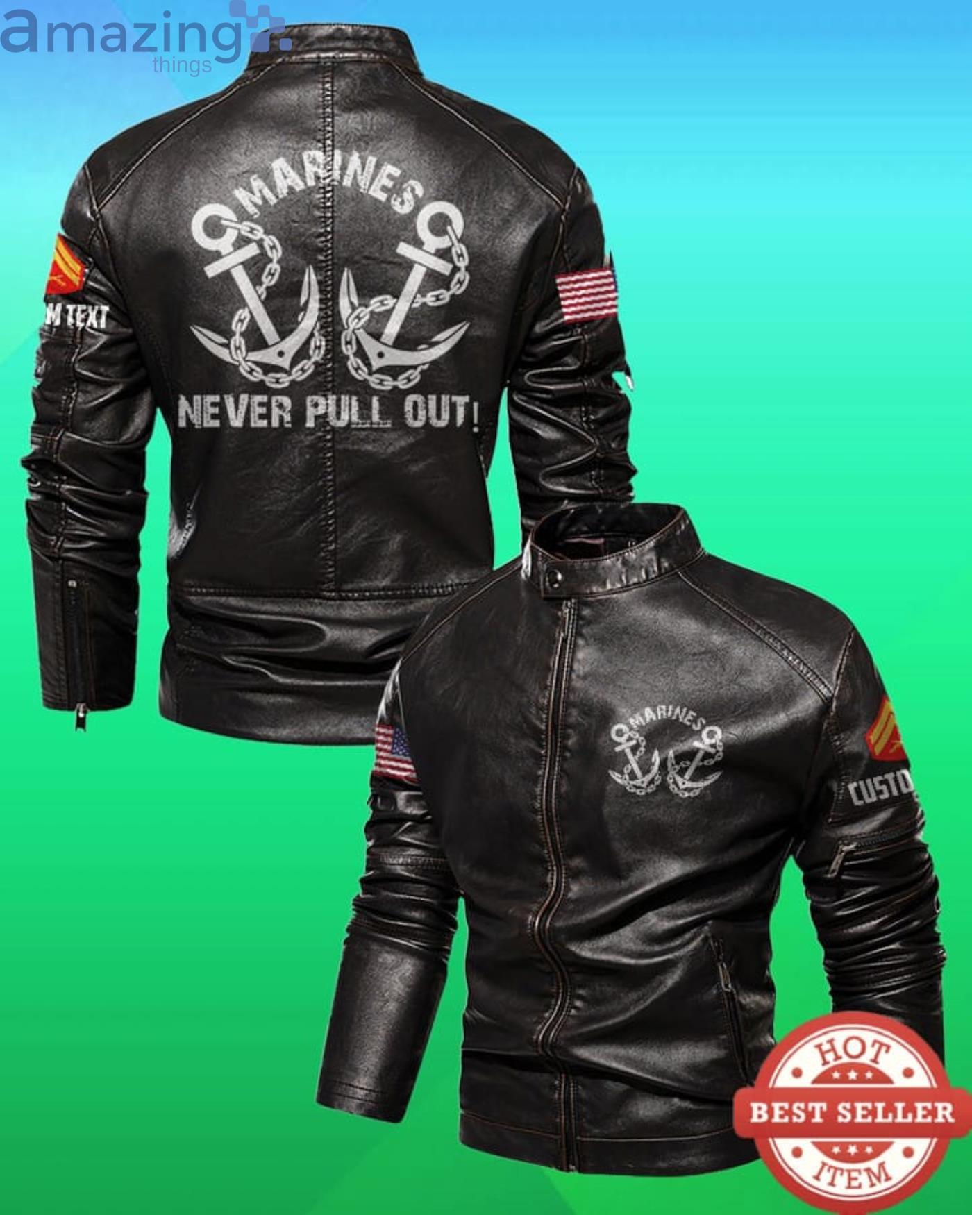 Cutom Name Marines Never Pull Out Stand Collar Fleece Leather Jacket Product Photo 1 Cutom Name Marines Never Pull Out Stand Collar Fleece Leather Jacket Product Photo 1