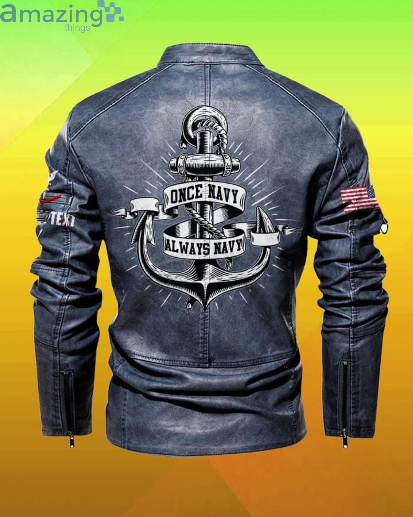 Cutom Name Once Navy Always Navy Stand Collar Fleece Leather Jacket image Cutom Name Once Navy Always Navy Stand Collar Fleece Leather Jacket Product Photo 3