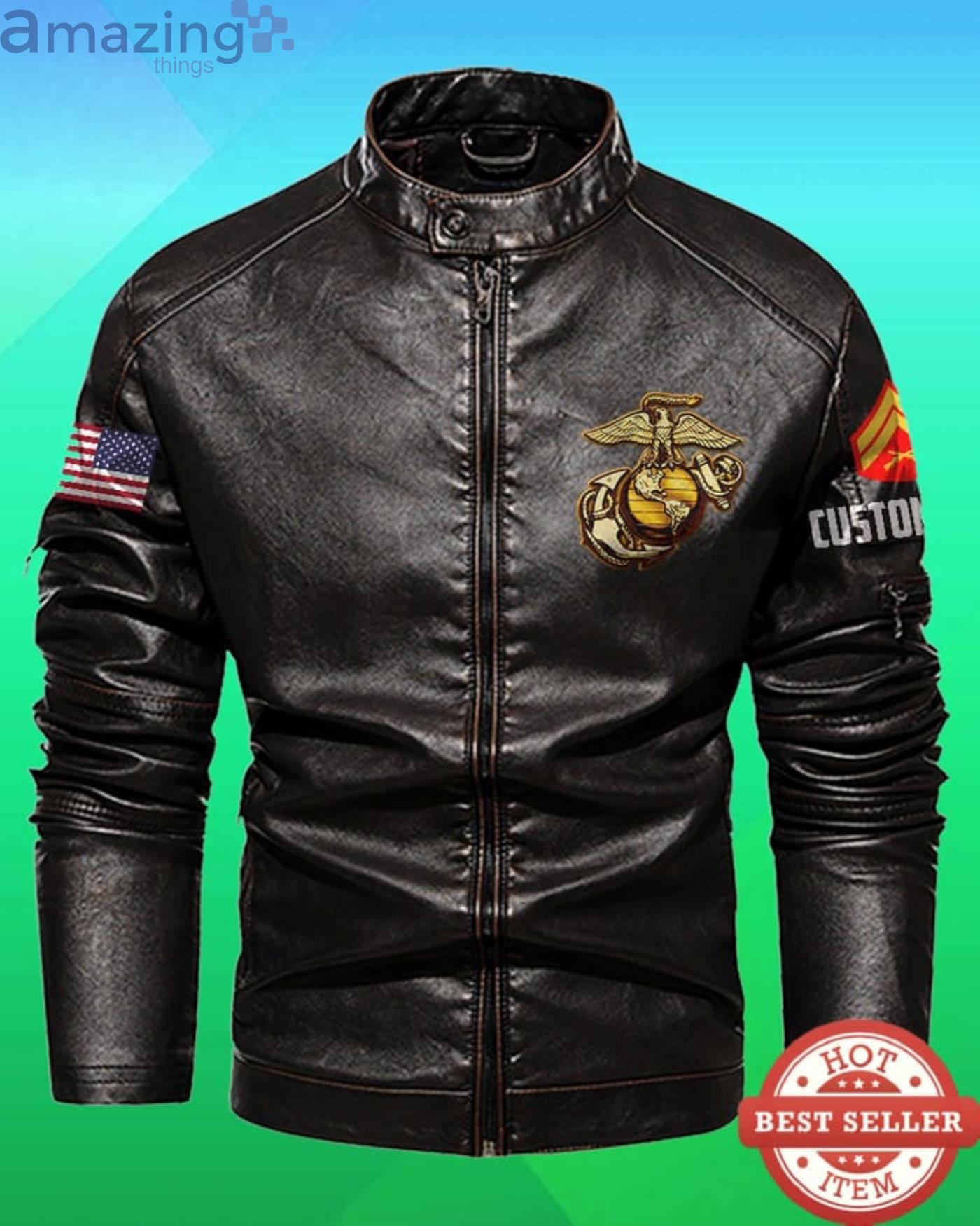 Cutom Name Semper Fi USMC Stand Collar Fleece Leather Jacket image Cutom Name Semper Fi USMC Stand Collar Fleece Leather Jacket Product Photo 2