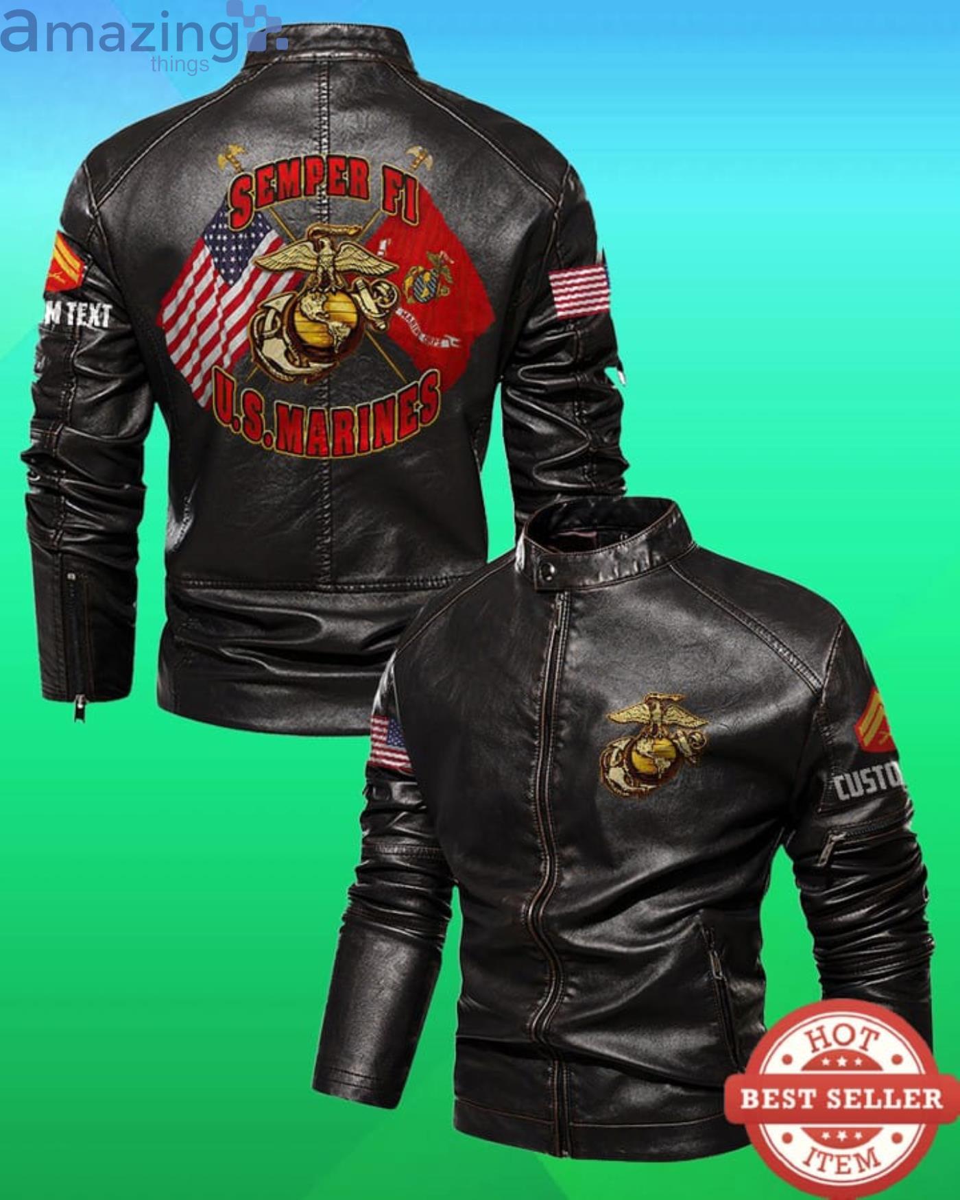 Cutom Name Semper Fi USMC Stand Collar Fleece Leather Jacket Product Photo 1 Cutom Name Semper Fi USMC Stand Collar Fleece Leather Jacket Product Photo 1