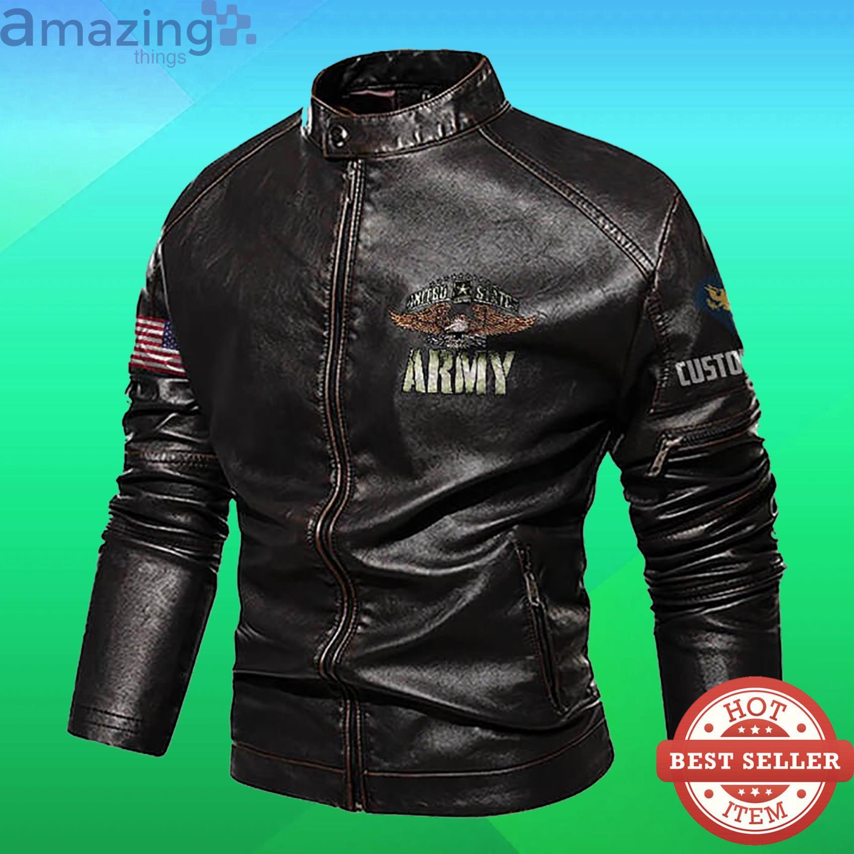 Cutom Name Us Army Stand Collar Fleece Leather Jacket image Cutom Name Us Army Stand Collar Fleece Leather Jacket Product Photo 2