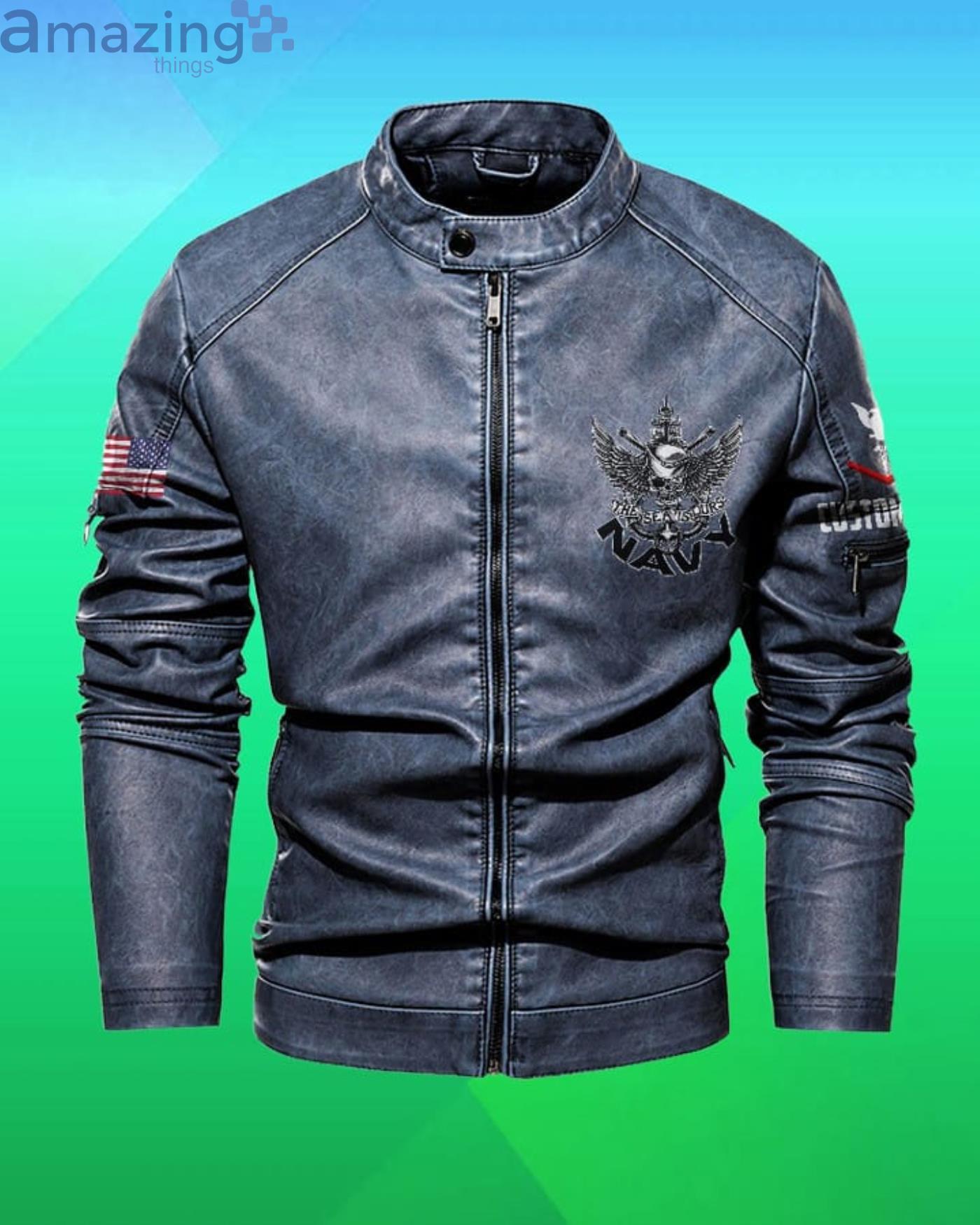 Cutom Name Us Navy The Sea Is Ours Stand Collar Fleece Leather Jacket image Cutom Name Us Navy The Sea Is Ours Stand Collar Fleece Leather Jacket Product Photo 4