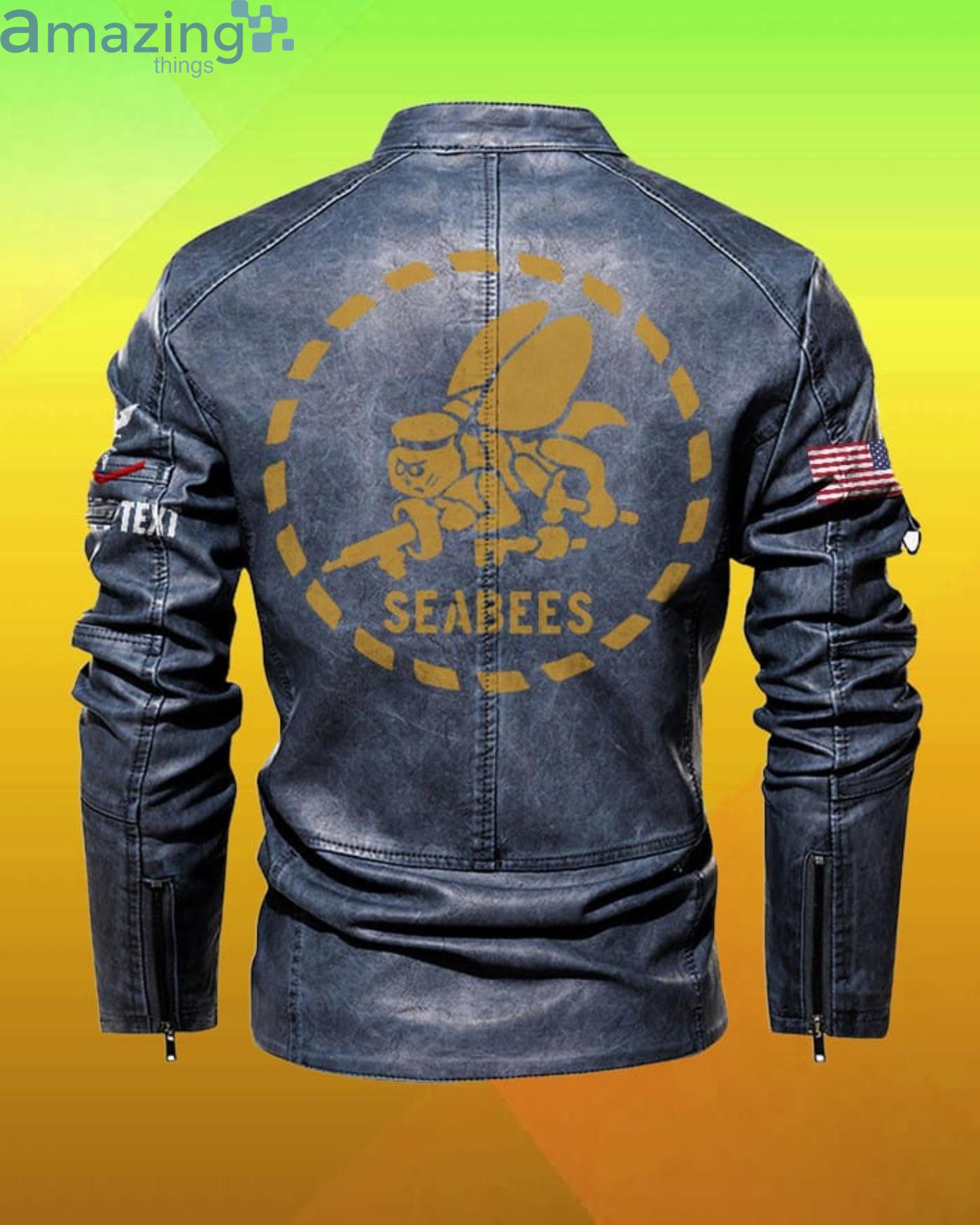 Cutom Name Us Veteran Seabees New Stand Collar Fleece Leather Jacket image Cutom Name Us Veteran Seabees New Stand Collar Fleece Leather Jacket Product Photo 3
