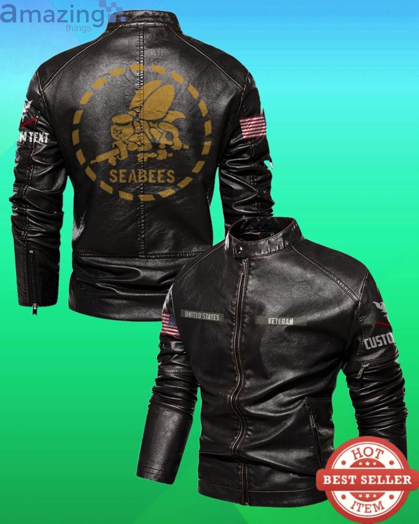 Cutom Name Us Veteran Seabees New Stand Collar Fleece Leather Jacket Product Photo 1 Cutom Name Us Veteran Seabees New Stand Collar Fleece Leather Jacket Product Photo 1