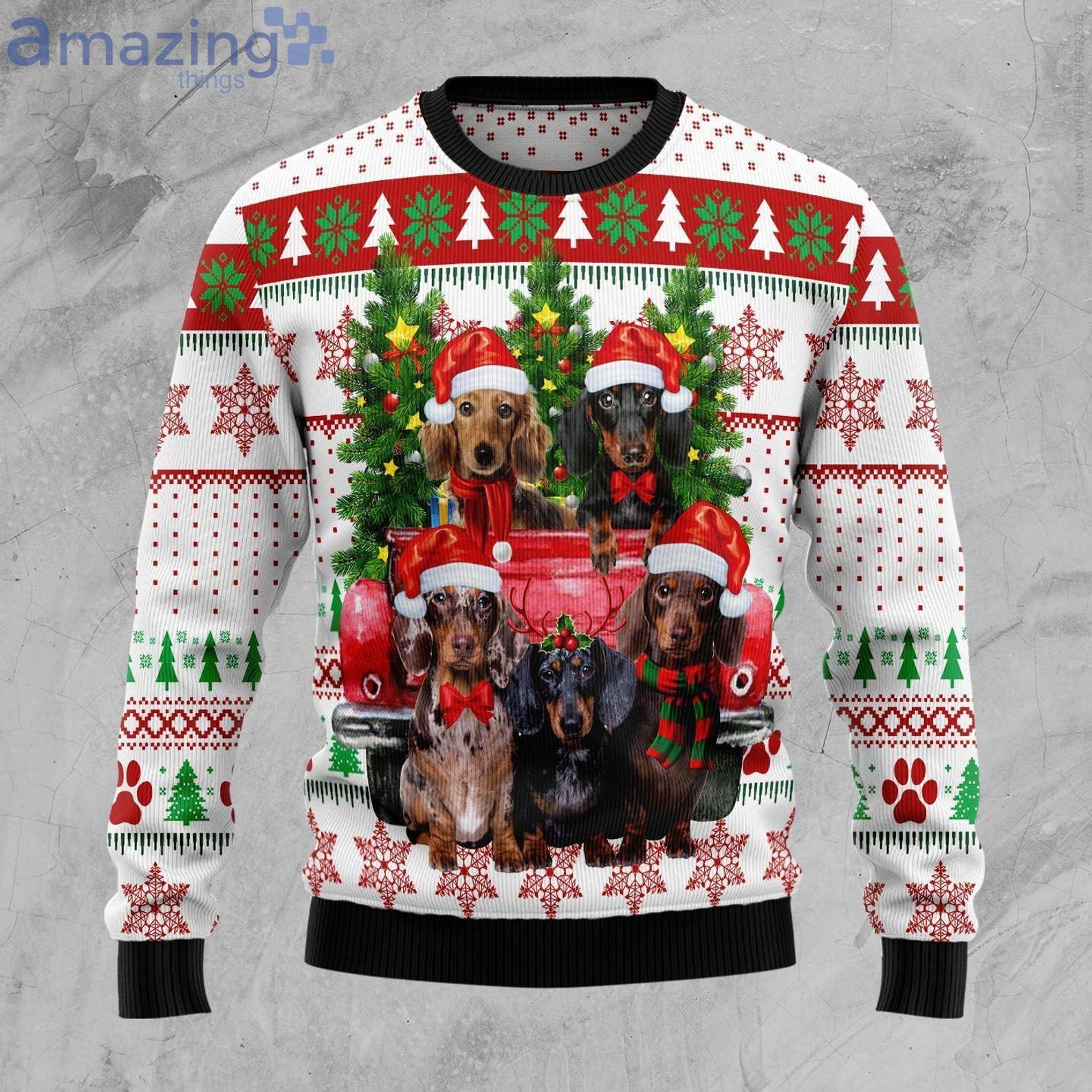 Dachshund Red Truck Christmas Ugly Sweater image Dachshund Red Truck Christmas Ugly Sweater Product Photo 1