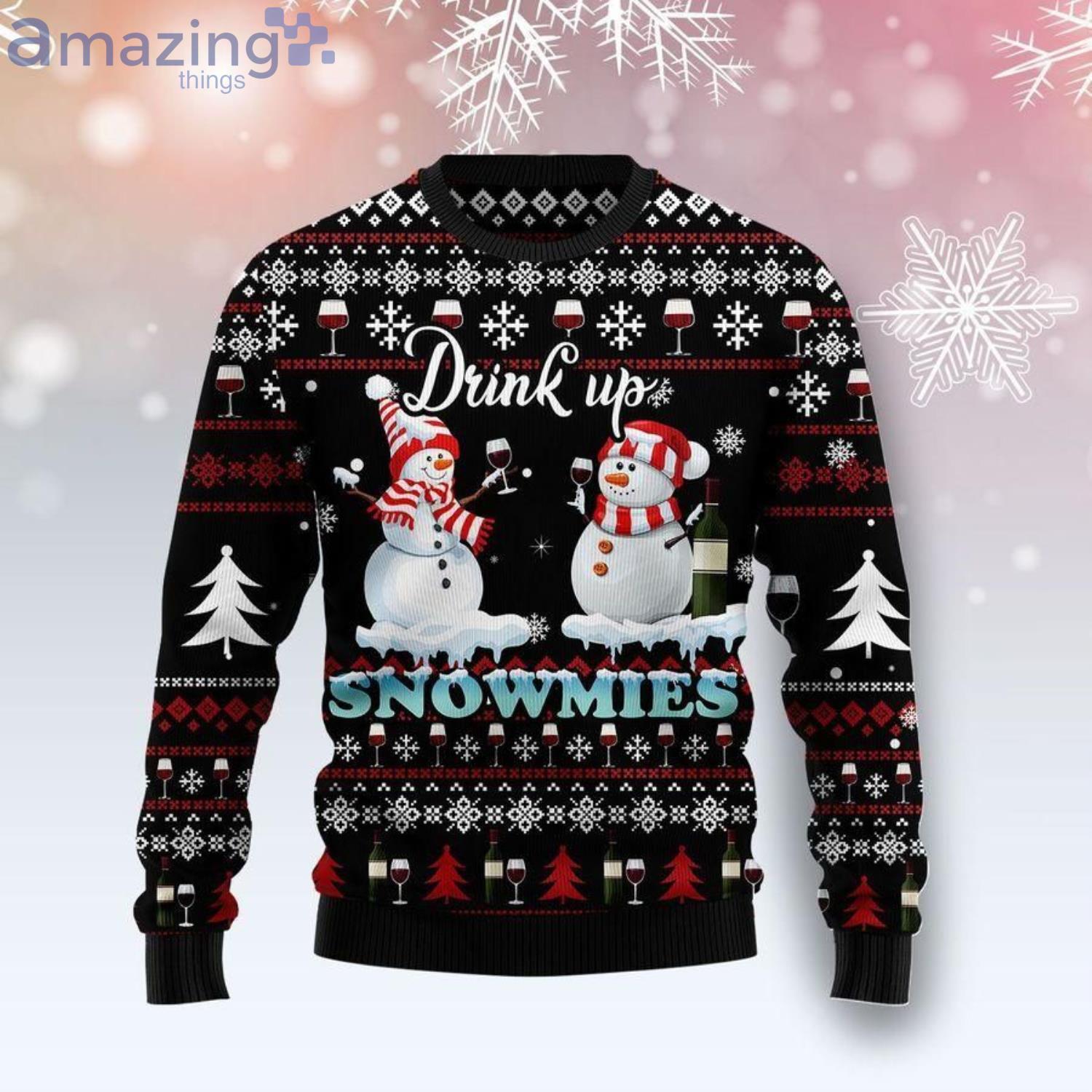 Drink Up Wine Snowmies Christmas Ugly Sweater Product Photo 1