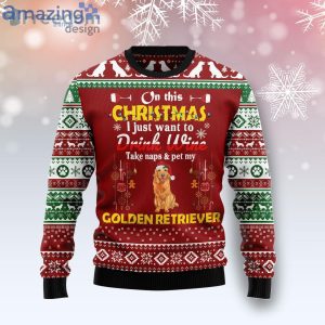Drink Wine Pet My Golden Retriever Golden Retriever Lover Funny Family Ugly Christmas Sweater Product Photo 1