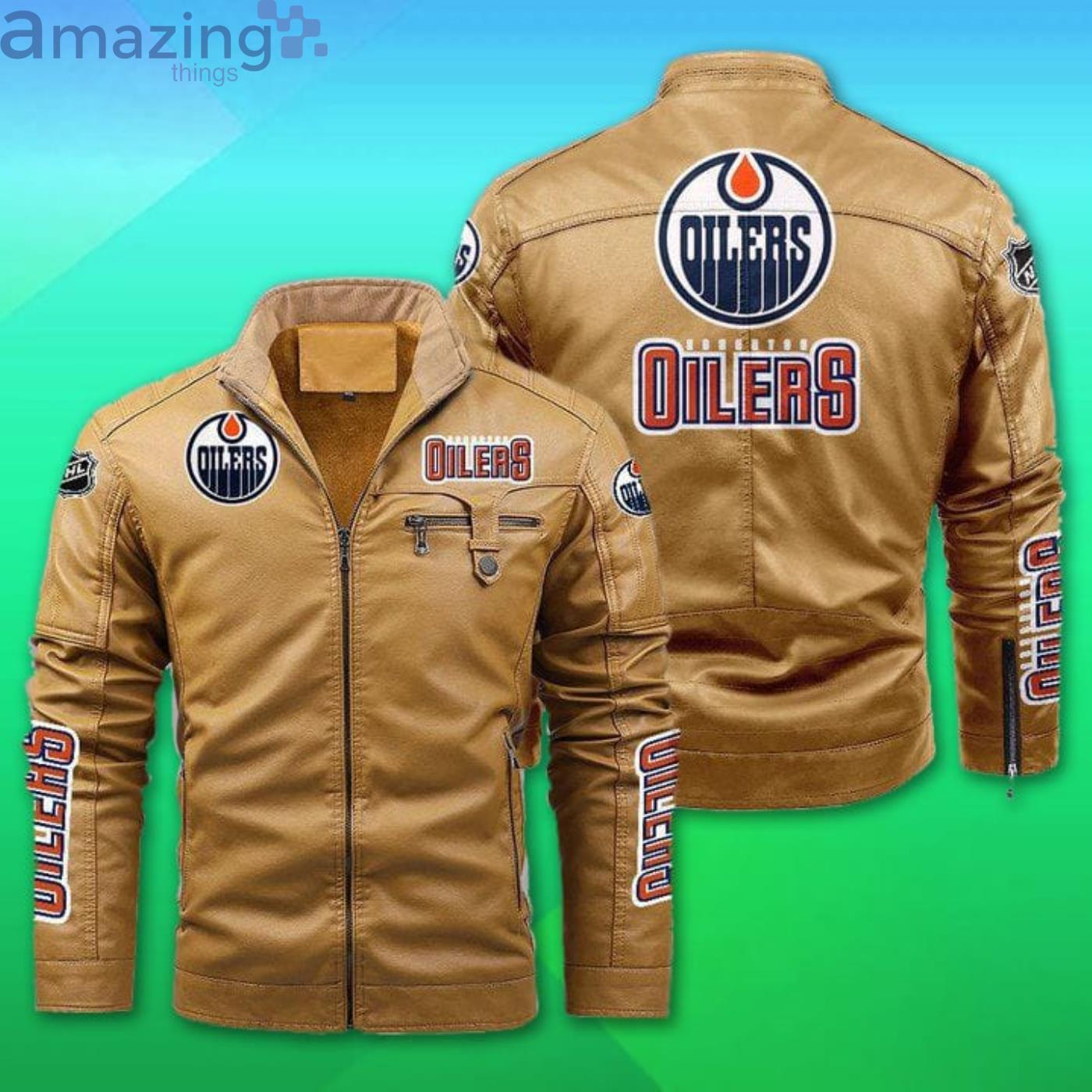 Edmonton Oilers Fleece Leather Jacket image Edmonton Oilers Fleece Leather Jacket Product Photo 2
