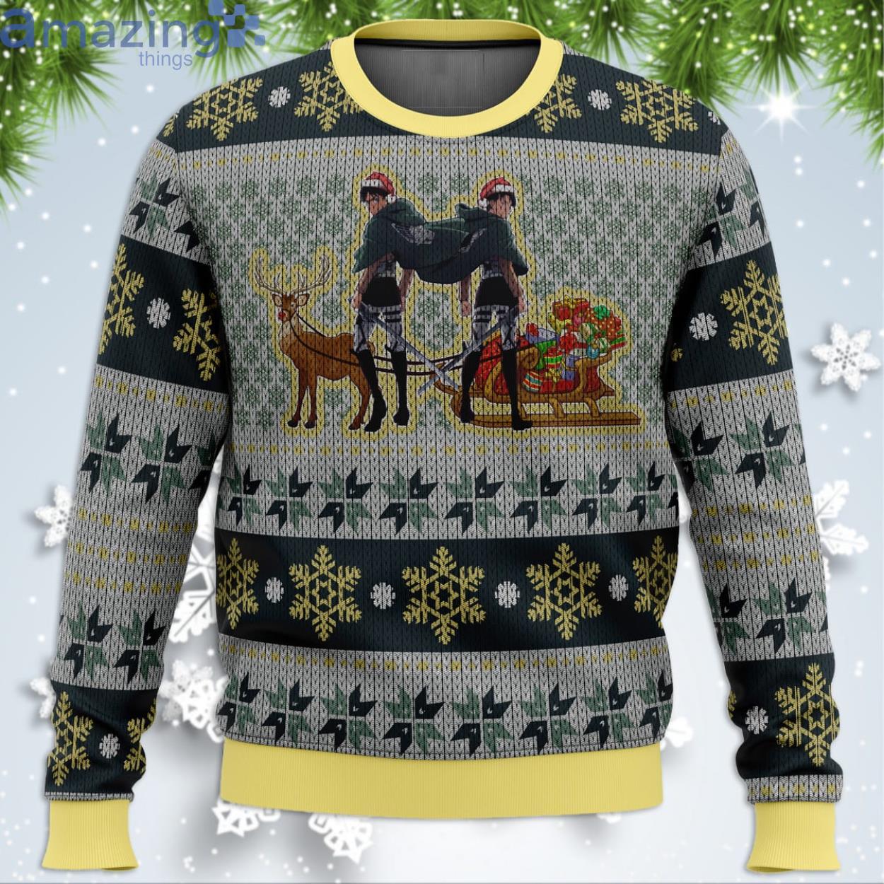 Eren Yeager And Levi Ackerman Attack On Titan Funny Christmas Gift Ugly Christmas Sweater Product Photo 1