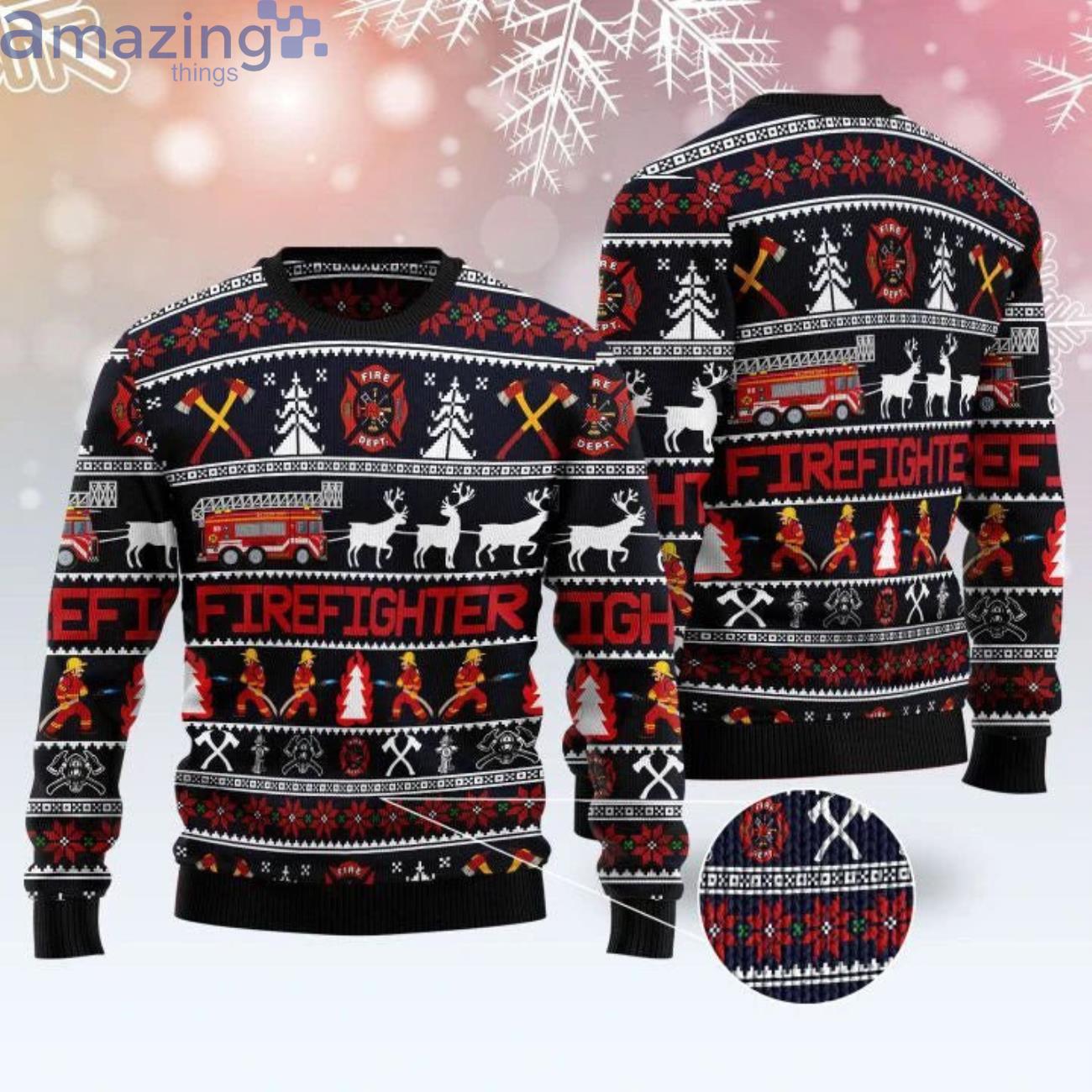 Fire Fighter Deer Xmas Ugly Christmas Sweater Product Photo 1