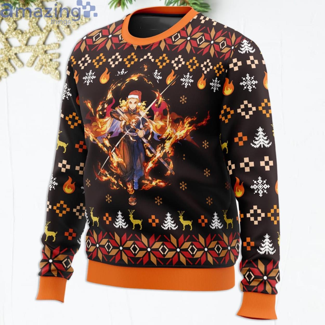 Fire Rengoku Demon Slayer Anime Lover Ugly Christmas Sweater image Fire Rengoku Demon Slayer Anime Lover Ugly Christmas Sweater Product Photo 2