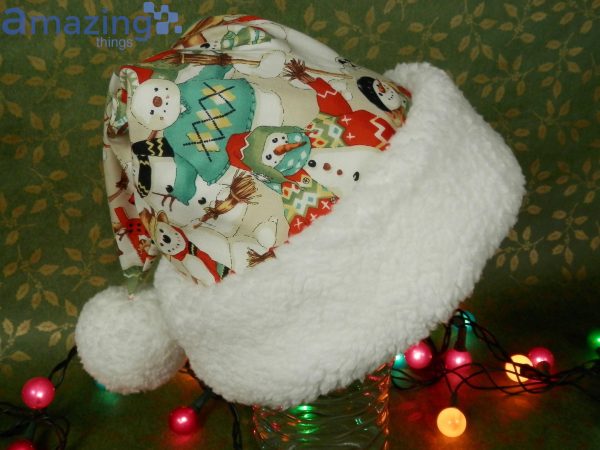 Folk Style Snowmen Dressed In Sage Green Christmas Santa Hat For Adult And Child Product Photo 4