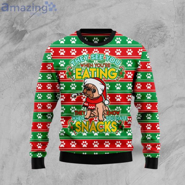 French Bulldog See You Eating Snacks Ugly Christmas Sweater Funny Family Sweater Gifts Product Photo 1