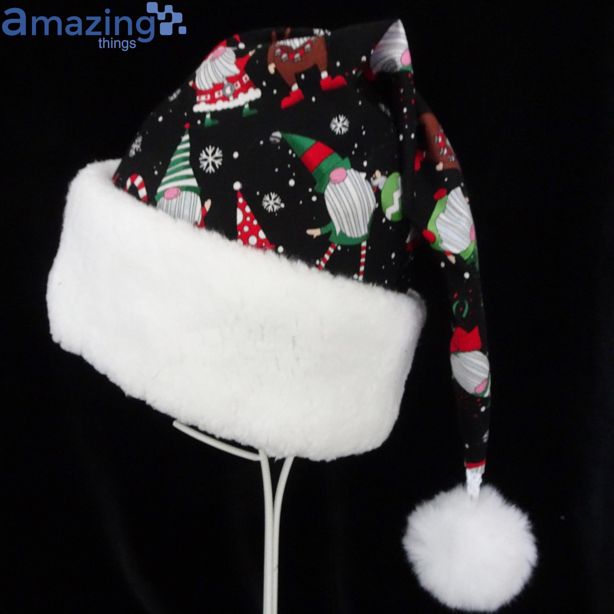 Gnome And Snowflowers Black Christmas Santa Hat For Adult And Child Product Photo 1