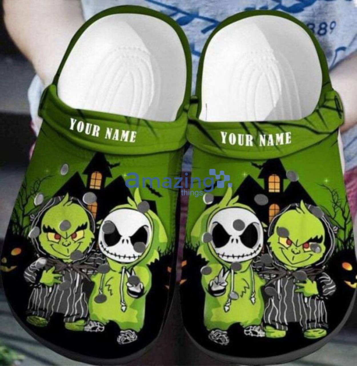 Grinch & Jack Skellington Custom Name Green Clog Shoes Product Photo 1