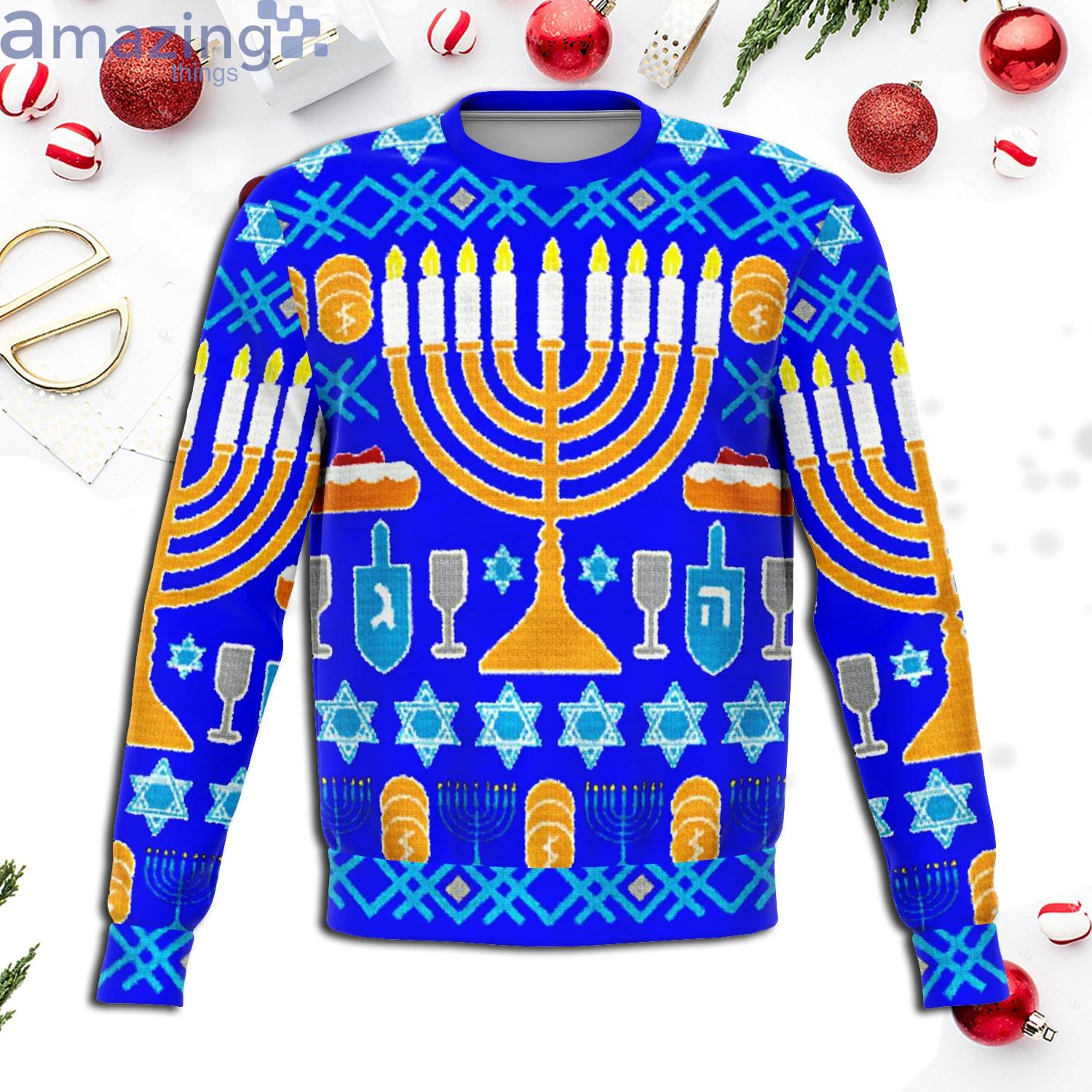 Hanukkah Blue All Over Print Christm Ugly Sweater image Hanukkah Blue All Over Print Christm Ugly Sweater Product Photo 2