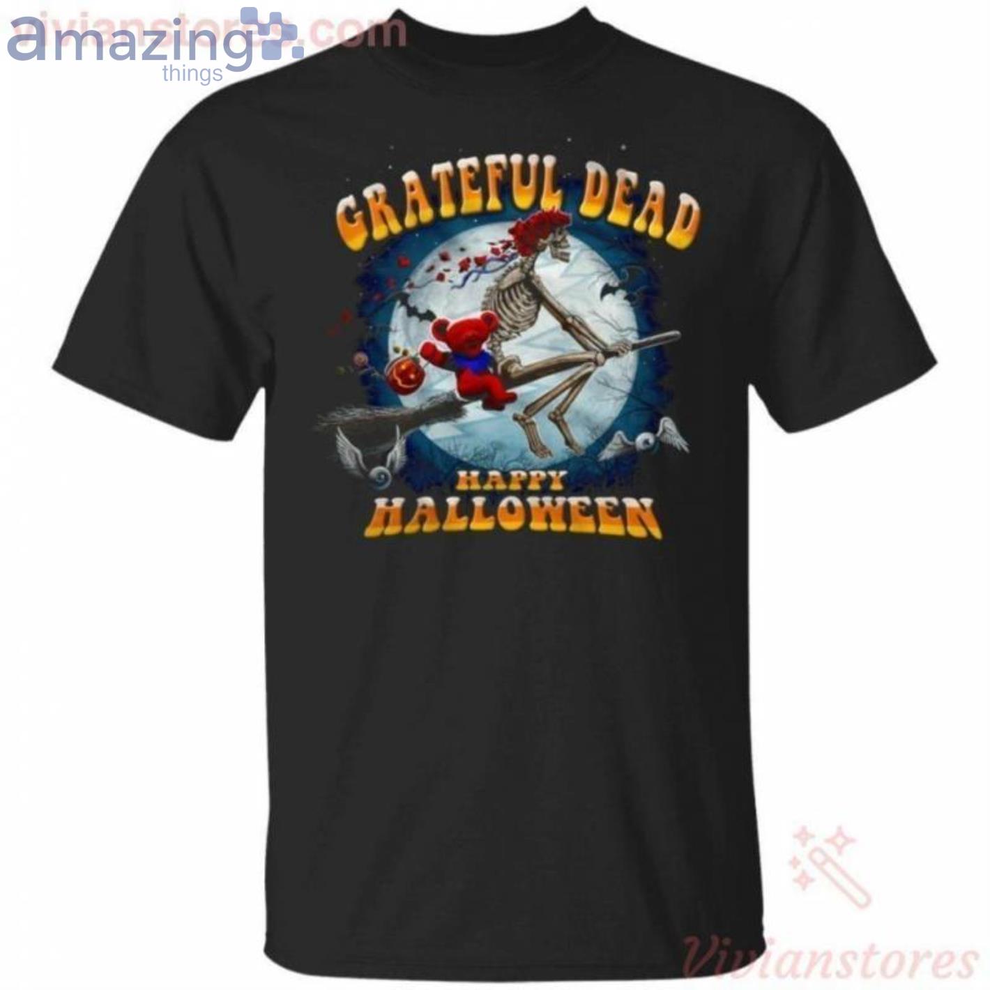 Happy Halloween Skeleton And Bear Riding Broomstick Grateful Dead T-Shirt Product Photo 1