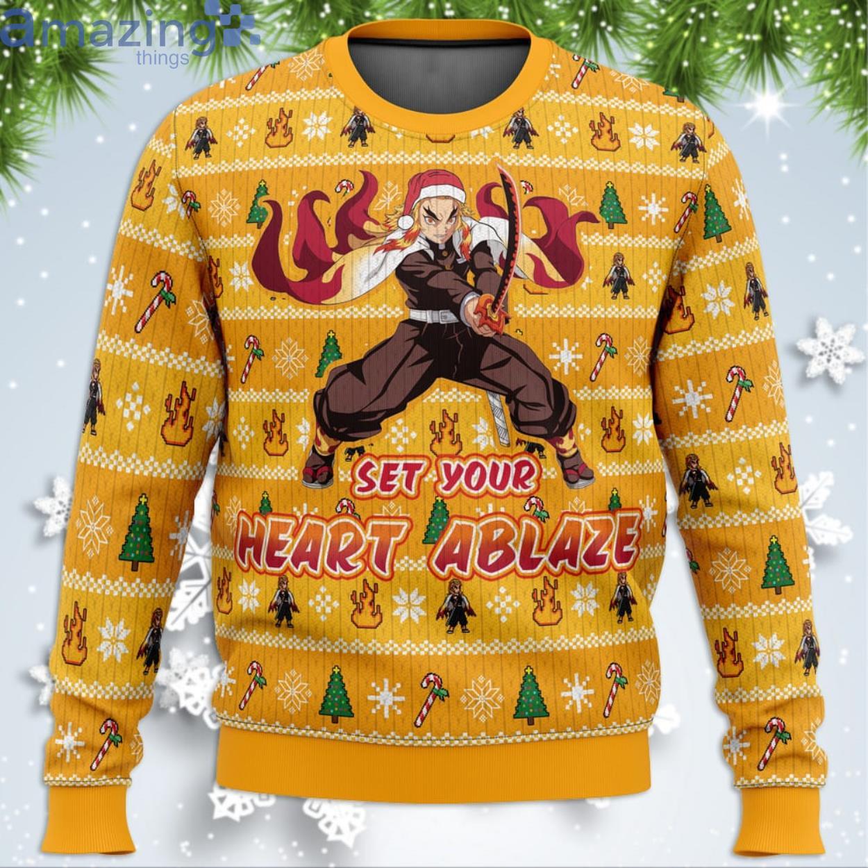 Heart Ablaze Rengoku Demon Slayer Anime Lover Ugly Christmas Sweater Product Photo 1