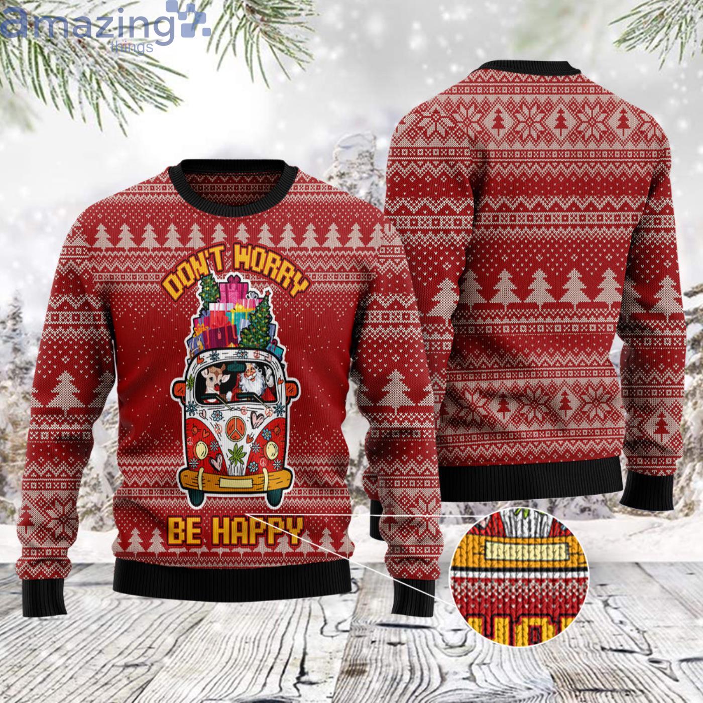 Hippie Car Don't Worry Be Happy Christmas Ugly Sweater image Hippie Car Dont Worry Be Happy Christmas Ugly Sweater Product Photo 3