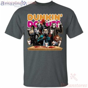 Horror Characters Drinking Dunkin Donuts Funny T-Shirt Product Photo 2