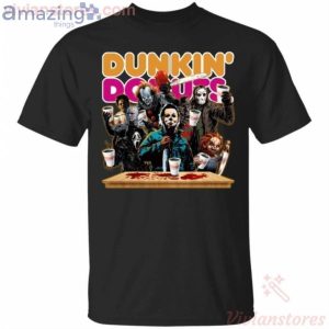 Horror Characters Drinking Dunkin Donuts Funny T-Shirt Product Photo 1