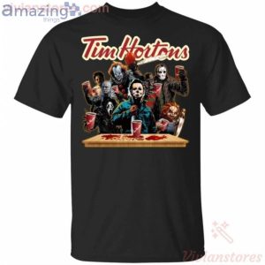 Horror Characters Drinking Tim Hortons Funny T-Shirt Product Photo 1