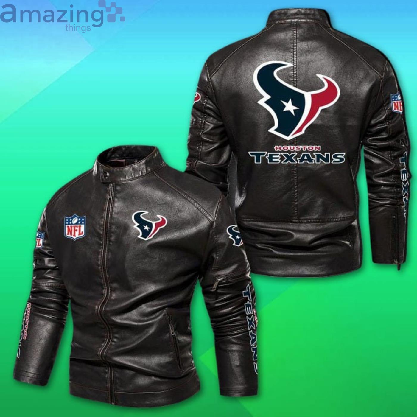 Houston Texans NFL Motor Fleece Leather Jacket Product Photo 1 Houston Texans NFL Motor Fleece Leather Jacket Product Photo 1