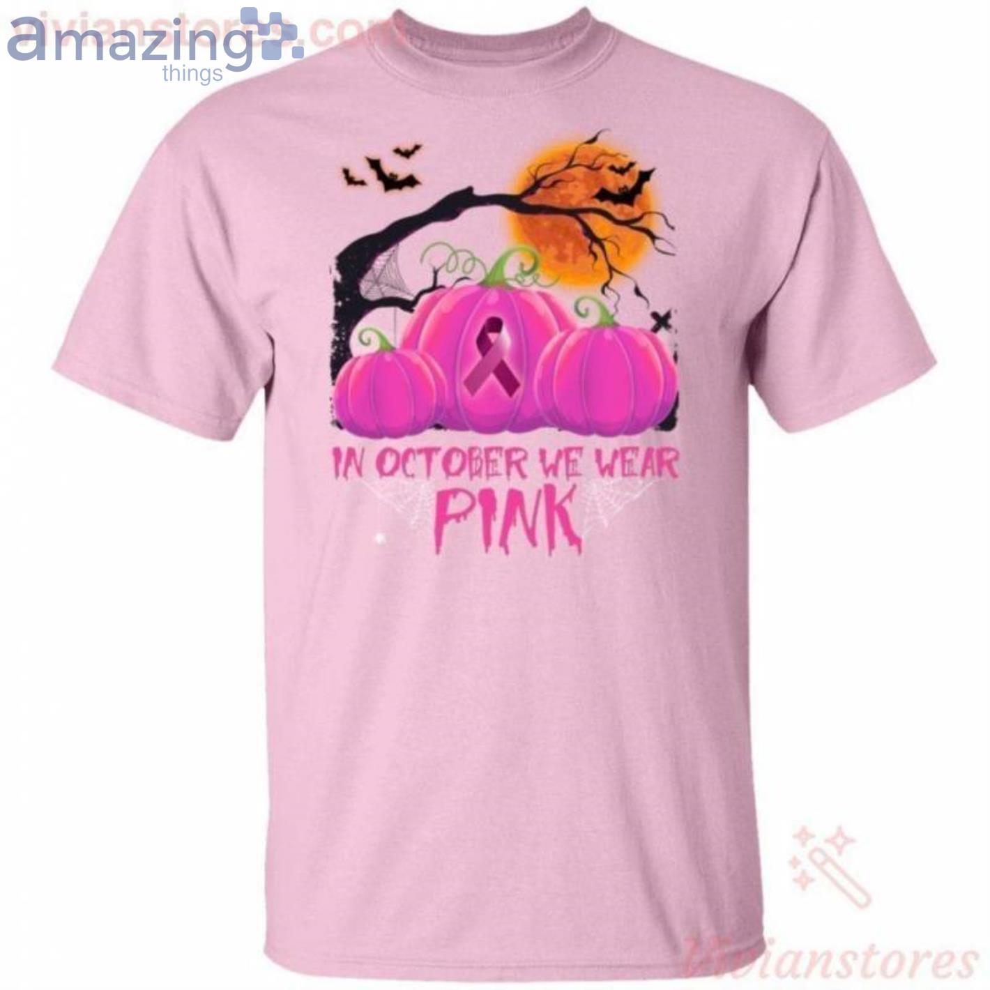 In October We Wear Pink Breast Cancer Awareness Pumpkin Halloween T Shirt image In October We Wear Pink Breast Cancer Awareness Pumpkin Halloween T-Shirt Product Photo 2