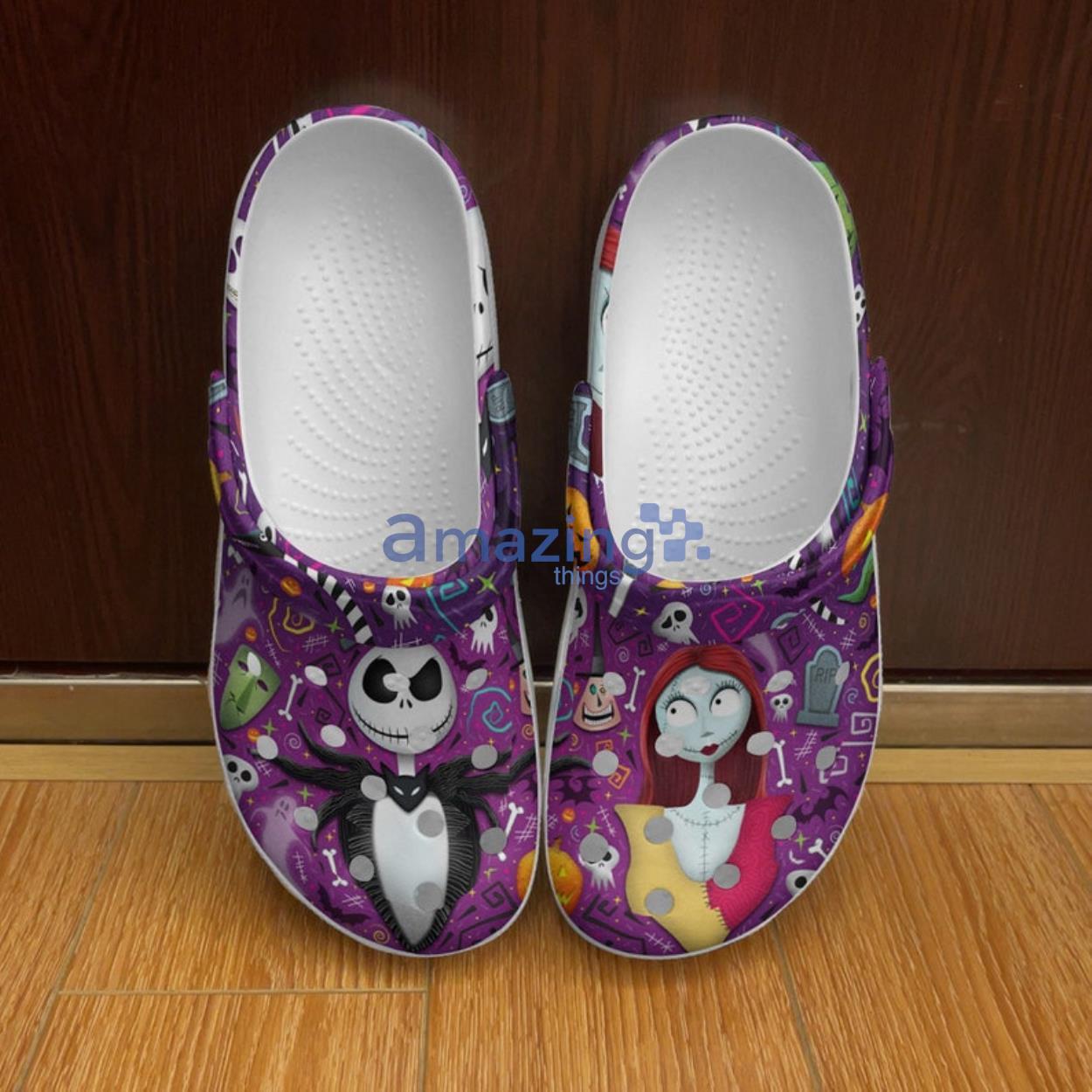 Jack & Sally Patterns Purple Halloween Disney Clog Shoes Product Photo 2