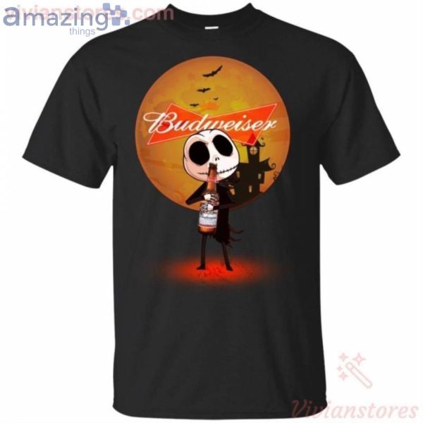 Jack Skellington Hold Budweiser Beer Halloween T-Shirt Product Photo 1