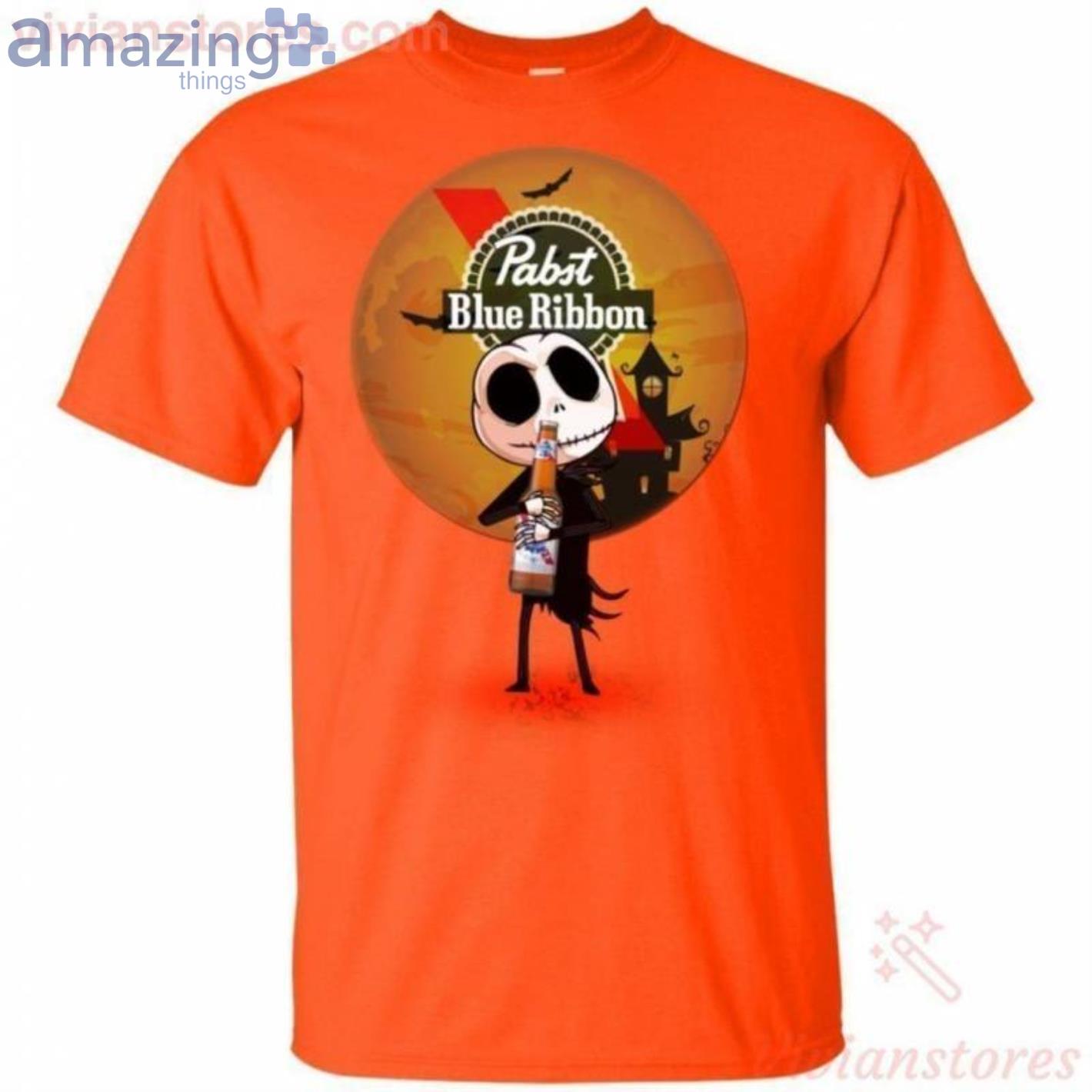 Jack Skellington Hold Pabst Blue Ribbon Beer Halloween T Shirt image Jack Skellington Hold Pabst Blue Ribbon Beer Halloween T-Shirt Product Photo 2