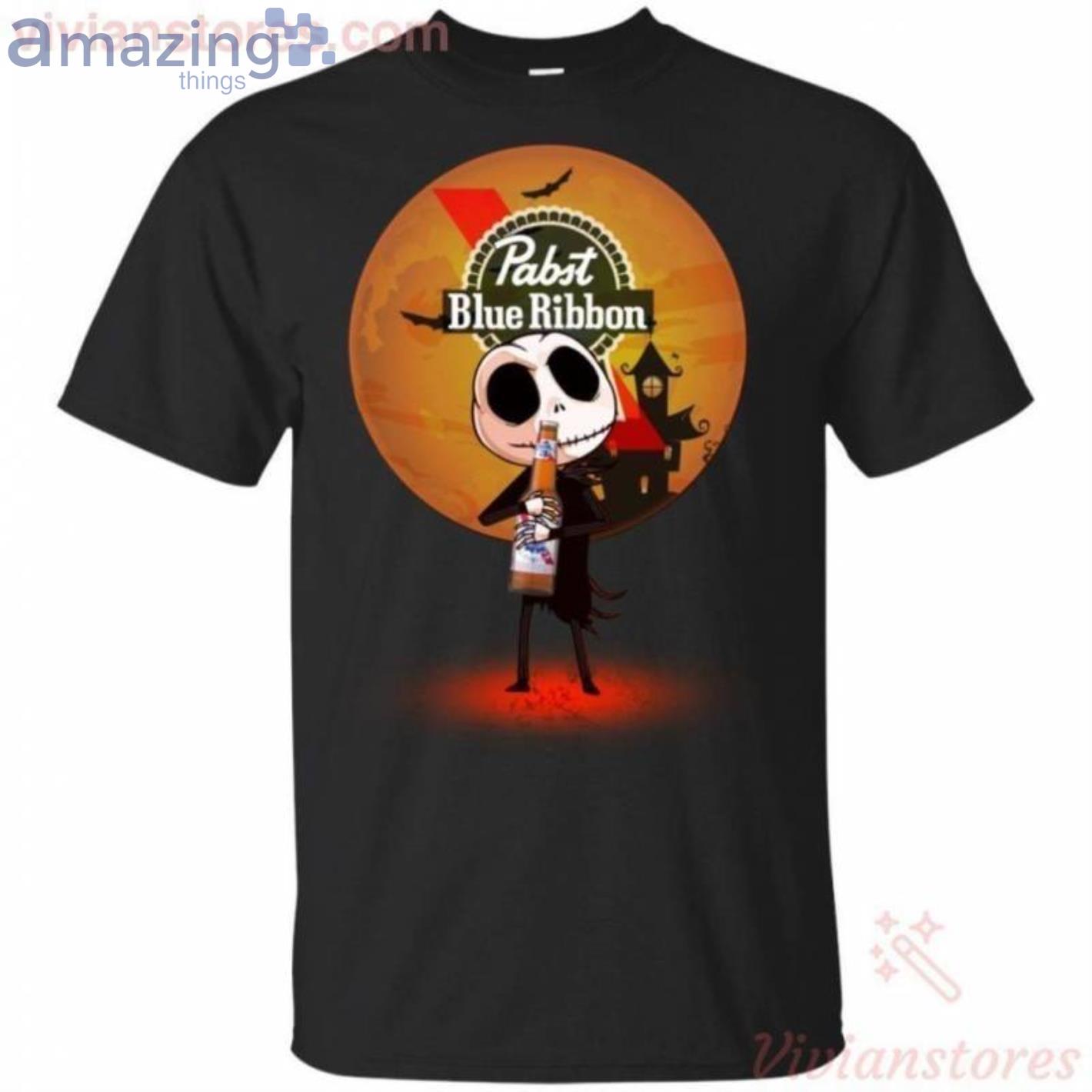 Jack Skellington Hold Pabst Blue Ribbon Beer Halloween T Shirt image Jack Skellington Hold Pabst Blue Ribbon Beer Halloween T-Shirt Product Photo 1 Product photo 1