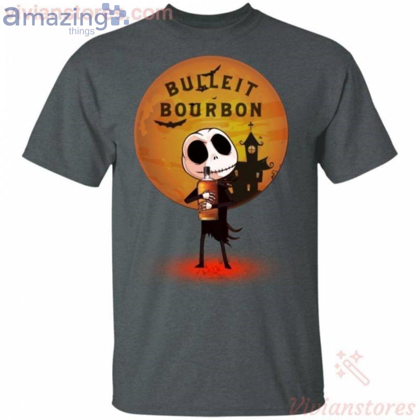 Jack Skellington Holding Bulleit Bourbon Whisky Halloween T Shirt image Jack Skellington Holding Bulleit Bourbon Whisky Halloween T-Shirt Product Photo 2