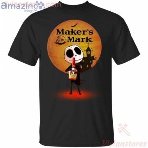 Jack Skellington Holding Maker's Mark Bourbon Whisky Halloween T-Shirt Product Photo 1