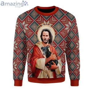 Jesus Keanu Reeves With Dog Ugly Christmas Sweater Product Photo 1