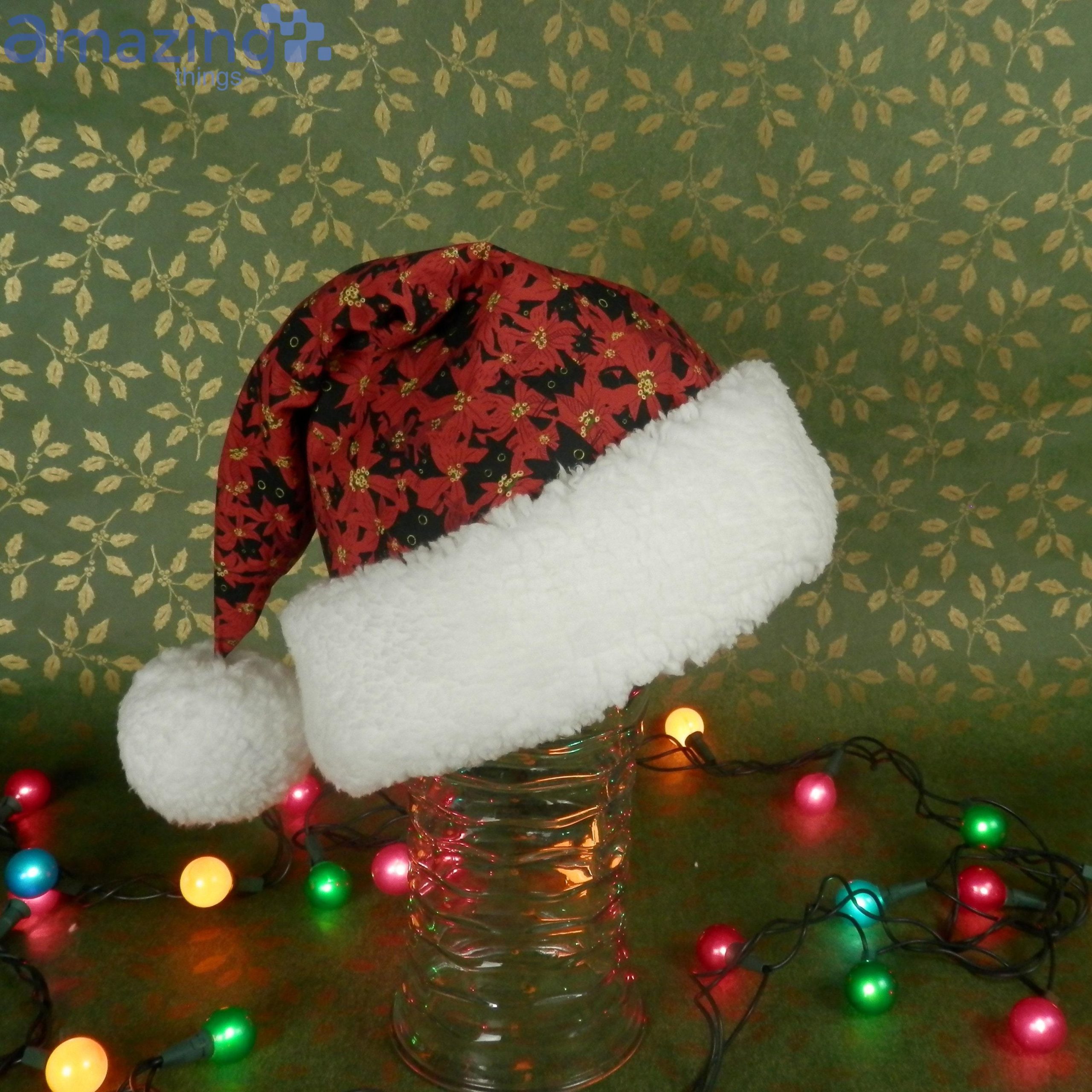Little Black Cats Peeking Out From Red Poinsettias Christmas Santa Hat For Adult And Child image Little Black Cats Peeking Out From Red Poinsettias Christmas Santa Hat For Adult And Child Product Photo 2