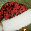 Little Black Cats Peeking Out From Red Poinsettias Christmas Santa Hat For Adult And Child