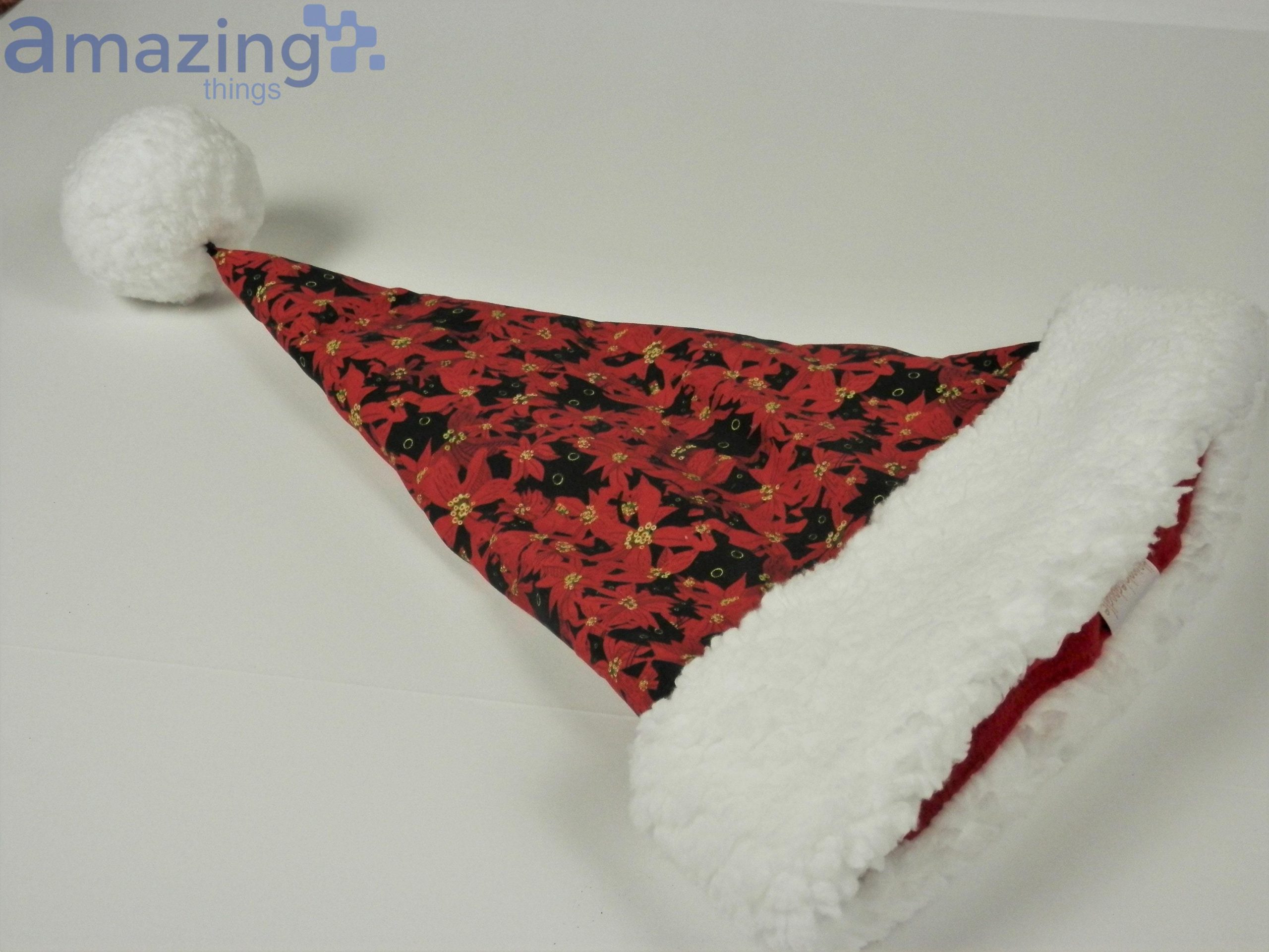 Little Black Cats Peeking Out From Red Poinsettias Christmas Santa Hat For Adult And Child image Little Black Cats Peeking Out From Red Poinsettias Christmas Santa Hat For Adult And Child Product Photo 3
